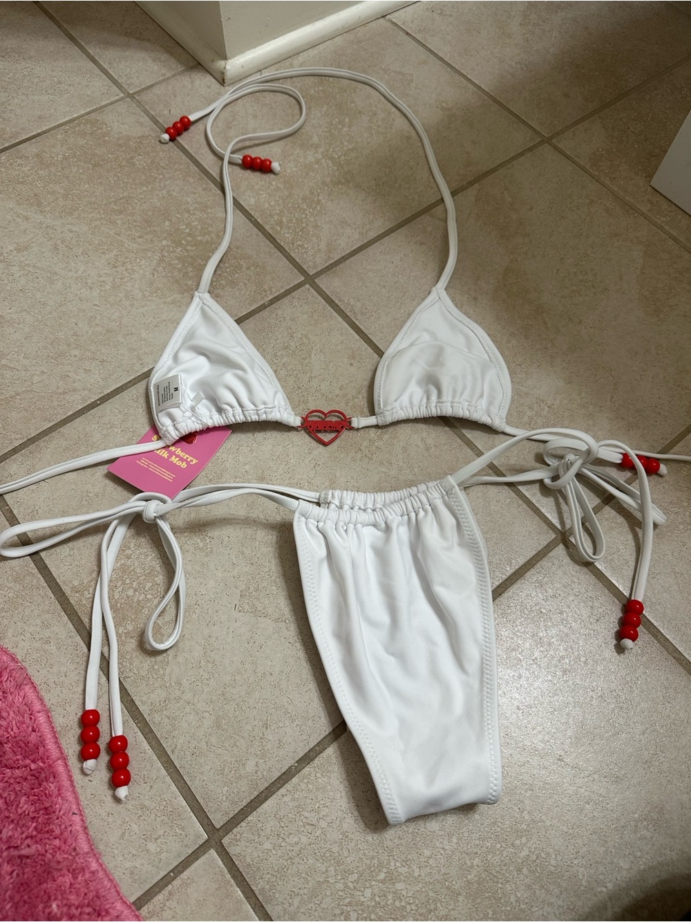 Strawberry Milk Mob White String Bikini with Red Bead Accents - Picture 4 of 4